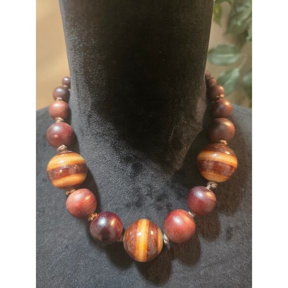 Women's Handcrafted Wooden Bead Necklace With Floral Button Loop Lock - Picture 2 of 6